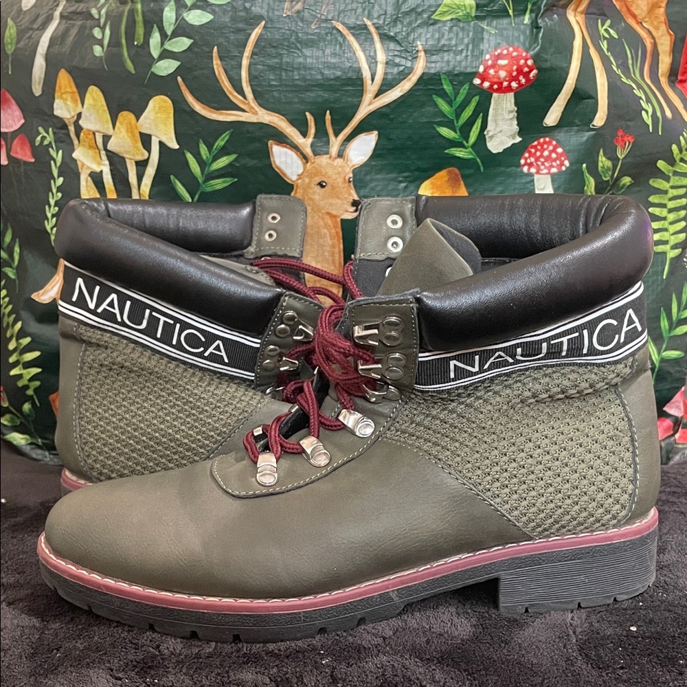 Nautica Olive and Black Boots with Burgundy Laces